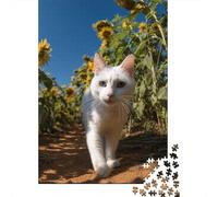 White Cat Walking on The Path in The Sunflower Field,Puzzles Gemusterte Nachhaltige Puzzles Für Erwachsene Hochwertige Holzspielpuzzles 70x50cm/1000pcs