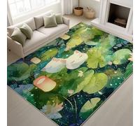 White Cat Water Lily Lantern Printed Rugs Japanese Anime Dreamy Soft Rugs Cute Calm Cozy Romantic Machine Washable Area Rug Green for Bedroom Office 90 x 150 cm