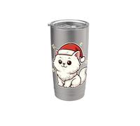 White Cat Winter with Santa Hat Stainless Steel Insulated Tumbler