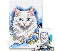 White Cat with Blue Roses Jigsaw Puzzle 1000 Recall Fun Play Advanced Laser Cutting Tech Holiday Indoor Entertainment Toy (38x52cm)