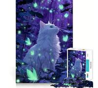 White Cat with Butterflies in Forest Jigsaw 1000 Pieces Focus Building Toy Zero Gap Rewarding Activity for Rainy Days (38x26cm)