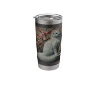 White Cat with Cherry Blossom Oil Painting White Kitty Stainless Steel Insulated Tumbler