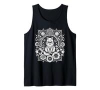 White Cat with Floral Surround Pagan Pentacle Cute Kitty Tank Top