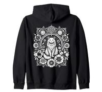 White Cat with Floral Surround Pagan Pentacle Cute Kitty Zip Hoodie