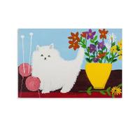 White Cat With Flowers And Yarn Painting by Maud LEWIS PaintingsPoster Decorative Painting Print Picture Canvas Wall Art Bedroom Office Living Room Decoration24x36inch(60x90cm)