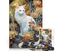 White Cat with Heterochromia in Floral Setting for Adults 1000 Piece Jigsaw Puzzle Mental Exercise Serene Escape Snug Lock (38x26cm)