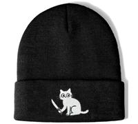 White Cat with Knife Embroidered Knitted Beanie Hat - Cosy Winter Cuffed Skull Cap, Funny Cartoon Graphic Knit Hat, Novelty Gift for Cat Lovers