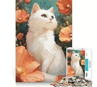 White Cat with Orange Poppies Jigsaw 1000 Pieces Focus Building Toy Zero Gap Rewarding Activity for Rainy Days (50x75cm)