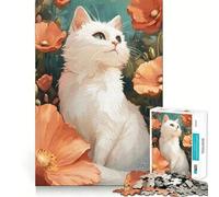 White Cat with Orange Poppies Jigsaw 1000 Pieces Focus Building Toy Zero Gap Rewarding Activity for Rainy Days (38x52cm)