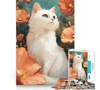 White Cat with Orange Poppies Jigsaw Puzzle 1000 Pieces Cognitive Fun Play High Precision Die Cut Unique Gift for Stress Relief (38x26cm)