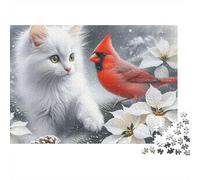 White Cats with Cardinal 1000Pc Jigsaw Puzzle White Kitten with Red Cardinal- Brainteasing Challenge for Kids 38x26cm/1000pcs