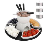 White Ceramic Chocolate Fondue Pot Set Cheese Ice Cream Warmer with Stainless-Steel Forks and 4 Half Moon Serving Dishes, Mini Fondue Pot with Wooden Pallet for Home, Restaurant and Café