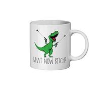 White Ceramic Coffee Mug What Now Bitch Christmas Gift Birthday Bift for Her T-Rex Mug Dinosour Gift for Her (11 Fluid Ounces)