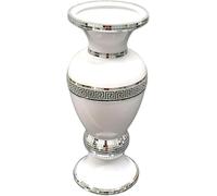 White Ceramic Decorative Vase with Mosaic Mirror Trim, Greek Key Pattern, 30 cm Tall
