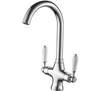 Heable Kitchen Mixer Tap White Ceramic Dual Lever Monobloc Swivel Spout Chrome Kitchen Sink Taps with UK Standard Fittings