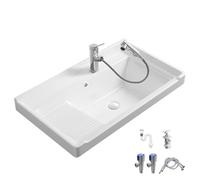White Ceramic Laundry Sink with Washboard, Bathroom Utility Sink with Pull Out Faucet, Full Installation Kit for Laundry Room, Balcony, Bathroom(61x48x18.5cm/24x18.9x7.3in)