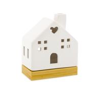 White Ceramic LED Christmas House Ornament on Bamboo Base | LED Christmas Night Light Decoration