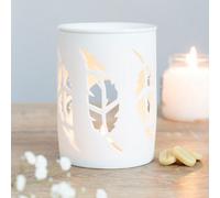 White Ceramic Oil Burner And Wax Melter. Cut-Out Feather Design (Dia) 9 Cm