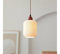 White Ceramic Pendant Light Kitchen Island Hanging Lamp Wood Drop Ceiling Lighting Fixture with Ribbed Ceramics Shade Dining Table Lights Bedroom Bedside Suspended Lamps Star of Light