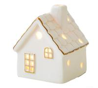 White Ceramic Small House Christmas Ornament with Glowing Lights, Festive Snow House Christmas Tree Decoration for Indoor or Outdoor Garden Holiday Décor(A)