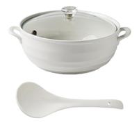 White Ceramic Soup Tureen Porcelain Serving Soup Pot With Lid Ceramic Round Tureen For Restaurant Home Kitchen Decoration Microwave And Dishwasher Safe(Glass Cover,1.2L/1.1Quarts)