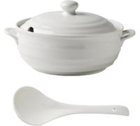 White Ceramic Soup Tureen With Lid - Elegant Porcelain Serving Pot For Home & Restaurant - Microwave & Dishwasher Safe - Stylish Round Design For Kitchen Decor Ceramic Cover 1.2L/1.1Quarts