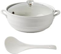 White Ceramic Soup Tureen With Lid - Elegant Porcelain Serving Pot For Home & Restaurant - Microwave & Dishwasher Safe - Stylish Round Design For Kitchen Decor Glass Cover 1.2L/1.1Quarts