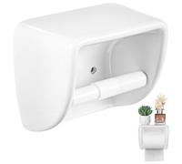 White Ceramic Toilet Paper Holder, Glazed Wall Mounted Tissue Dispenser with Detachable Shaft, Flat Top Shelf, Vintage Style Toilet Roll Holder for Bathroom or Kitchen Use