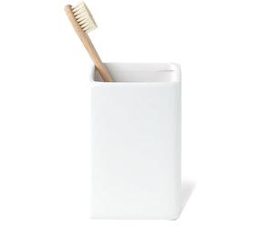 White Ceramic Toothbrush Holder - Square Bathroom Toothbrush Holder, Toothbrush Cup Holder Aesthetic Toothpaste Holder, Modern Family Size Toothbrush Organizer, Bathroom Tumbler Cup