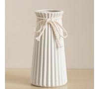 White Ceramic Vase for Flowers and Pampas Grass, Small Ribbed Vase in Modern Nordic Rustic Style for Home Decor, 8 Inch Decorative Table Vase for Centerpieces - Natural White