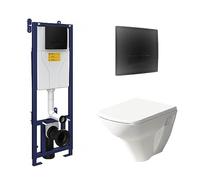 White Ceramic Wall Hung Square Modern Bathroom Toilet with Wall Hung Toilet Cistern/Frame and Matte Black Flush Plate Set, Dual Flush Cistern, Matte Black Flush Plate and Soft Close Seat