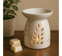 White Ceramic Wax Melt & Oil Burner - Leaf Cut-Out Design - Tealight Holder for Essential Oils & Aromatherapy - Home Fragrance Decor JR1523