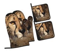 White Cheetah Printed Oven Mitts and Pot Holders Heat Resistant Set of 4 Pcs, Modern Kitchen Gloves & Potholders for Cooking Baking Grilling