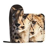 White Cheetah Printed Oven Mitts and Pot Holders Sets Heat Resistant Non-Slip Oven Gloves and Potholders Soft Lining Silicone Kitchen Mitts Hot Pads 2Pcs for Cooking