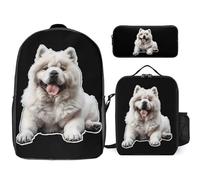 White Chow Chow 3 Pieces Set Laptop Backpack Casual Daypack with Lunch Box Pencil Case for Travel