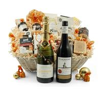 White Christmas Luxury Food & Wine Hamper | Premium Shiraz & Cava Gift Basket with Award-Winning Festive Treats | Handmade Whitewash Wicker Basket