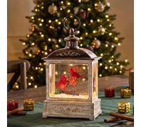 White Christmas Snow Globe Lantern with Music & Timer, Red Cardinal Branch Scene, Lighted Water Glitter Globe, Battery/USB Operated Holiday Mantel Decor