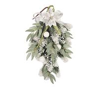 White Christmas Swag with Poinsettia Leaves and Berries for Xmas Decor - Indoor/Outdoor Front Door Wall Window