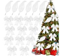 White Christmas Tree Decorations White Satin Ribbon Bows & Glitter Feathers Clip Artificial Glittery Xmas Tree Feather Ornament for Gift Wrapping Crafting Wedding Birthday Christmas Decoration