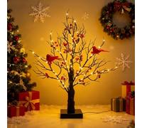 White Christmas Tree with Lights, 21inch Mini Birch Twig Tree Ornament with Red Bird and Holly Berries, USB Battery Operated Light up Twig Tree for Home Party Wedding Christmas Decoration (black)