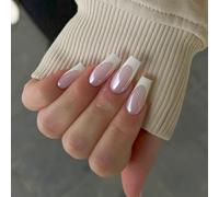 White Chrome French Tip False Nails Long, SXVME Glazed French Press On Nails Coffin, Glitter Shine Fake Nails Glue on Nails Short Cute, Acrylic Stick on Nails for Women Daily & Party Wear