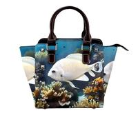 White Chrysanthemum Texture Chart Women Top Handle Shoulder Bag Personality Rivet Satchel Tote Middle Size Handbag Purse Bag, White-golden Fish, One Size