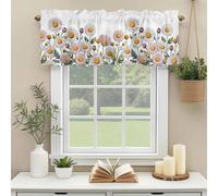 White Chrysanthemum Valances for Windows, Pink Flower Green Leaf Nature Rod Pocket Valance Short Window Treatments Curtains for Kitchen Bathroom Bedroom Decor, 42 x 18 Inches