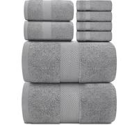 White Classic Luxury Bath Towel Set of 8 Pieces - 100% Turkish Cotton 700 GSM Highly Absorbent Towels for Bathroom, 2 Bath Towels, 2 Hand Towels, 4 Washcloths - Light Grey