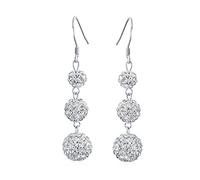 White Clear Crystal Pave Round Graduated Three Tier Disco Ball Linear Dangle Chandelier Earrings for Women Teen.925 Sterling Silver