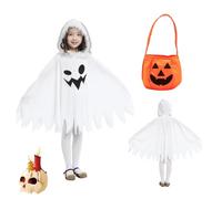 White Cloak with a Ghost Candy Bag, Ghost Halloween Costumes for Kids, Scary Ghost Face Patterns Cloak Ideal for Kids Girls Boys Carnival Cosplay