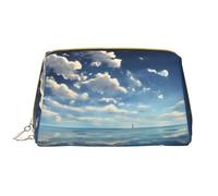 White Clouds Over The sea Leather Cosmetic Bag, Waterproof Cute Travel Toiletry Zipper Bag, Women's Cosmetic Storage Bag Set, Brown