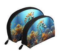 White clouds over the sea Moon Cosmetic Bag, Travel Makeup Pouch, Portable Waterproof Cosmetic Pouch for Girls Women., Blue Seahorse, One Size