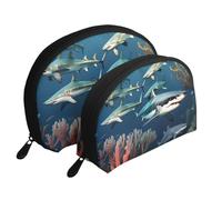 White clouds over the sea Moon Cosmetic Bag, Travel Makeup Pouch, Portable Waterproof Cosmetic Pouch for Girls Women., Sharks Under The Sea, One Size