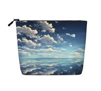 White Clouds Over the sea Printed Single Layer Faux Linen Cosmetic Bag Portable Zippered Cosmetic Bag Travel Accessory